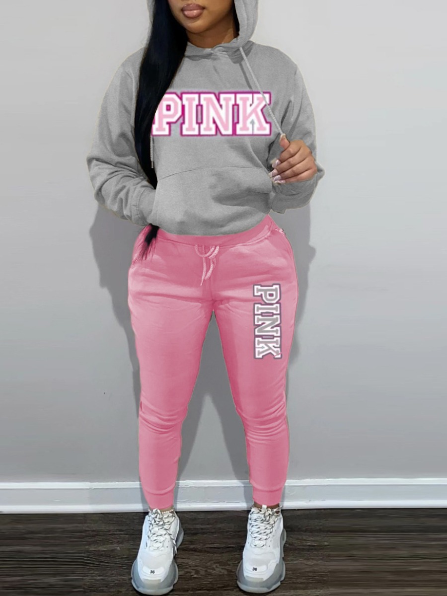 LW Plus Size Pink Letter Print Kangaroo Pocket Tra