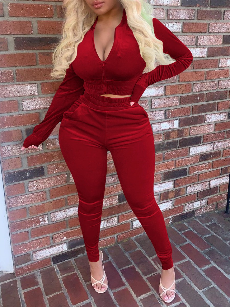 LW BASICS Velvet Zipper Design High Waist Skinny Pants Set