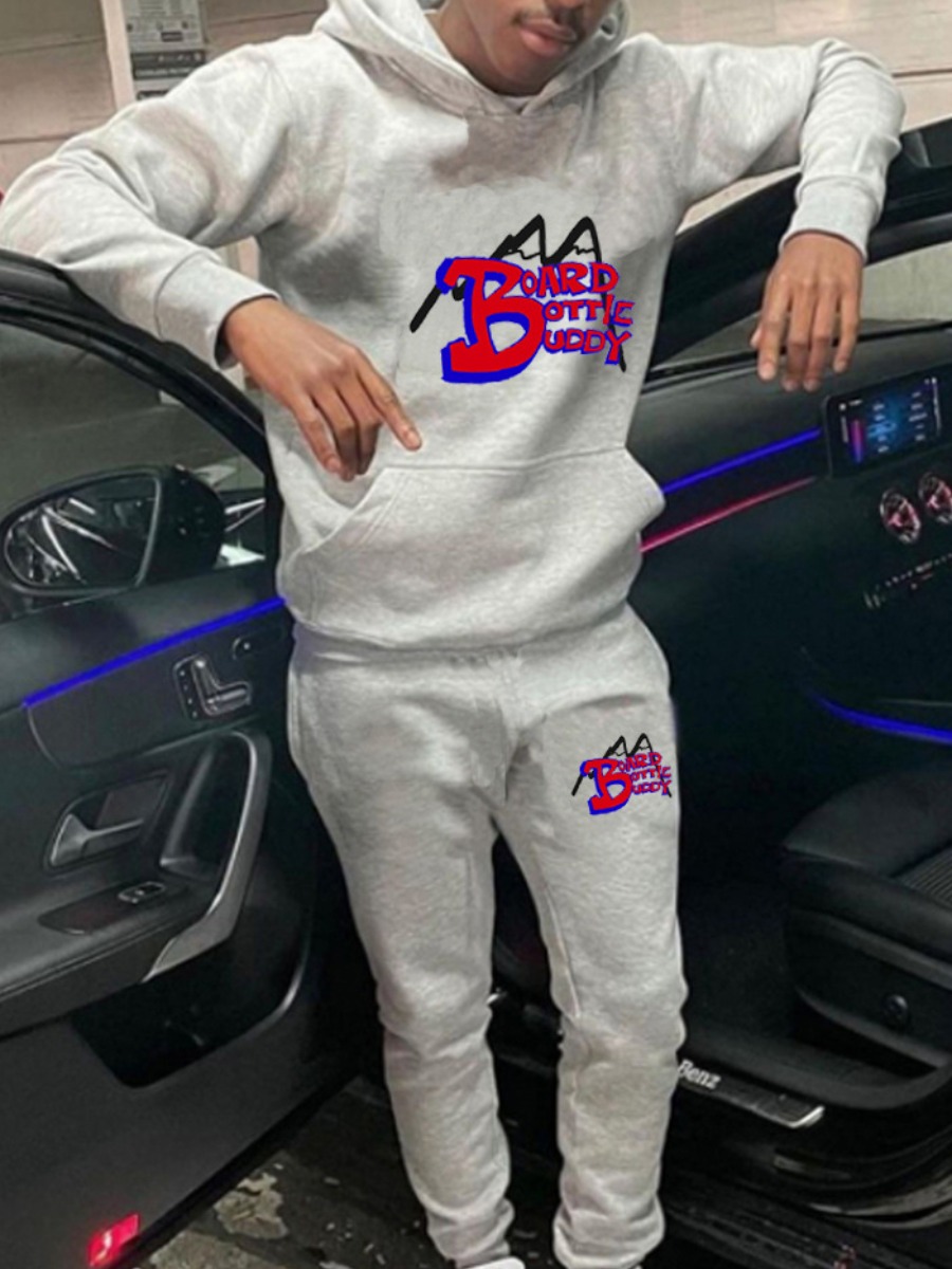 LW Men Letter Print Kangaroo Pocket Tracksuit Set
