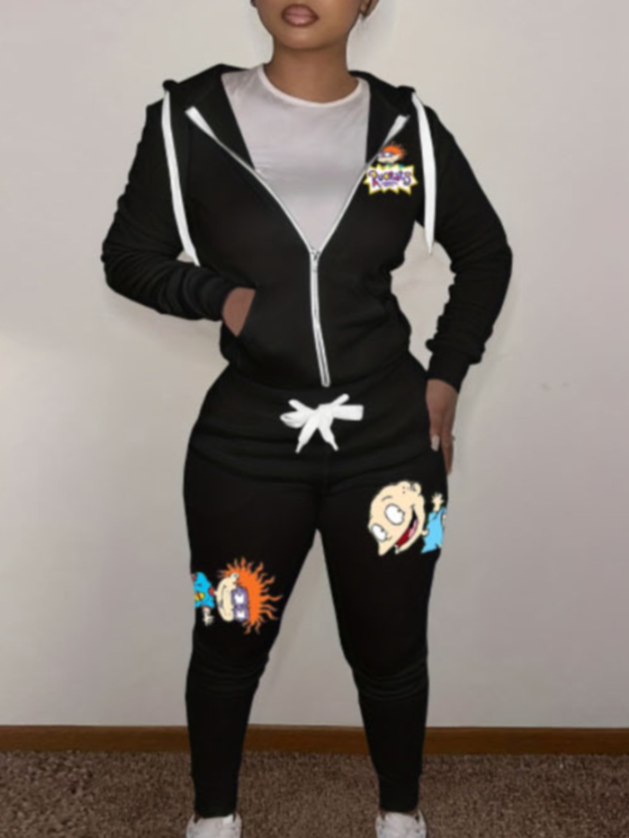 LW Plus Size Cartoon Print Kangaroo Pocket Tracksuit Set