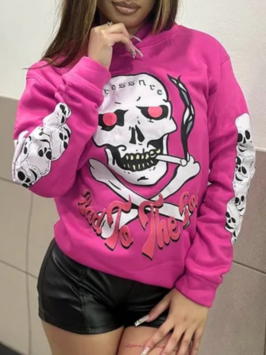 LovelyWholesale Skull Head Letter Print Hoodie Fall Long Sleeve Casual Pattern Hooded Collar Spring Summer 2024