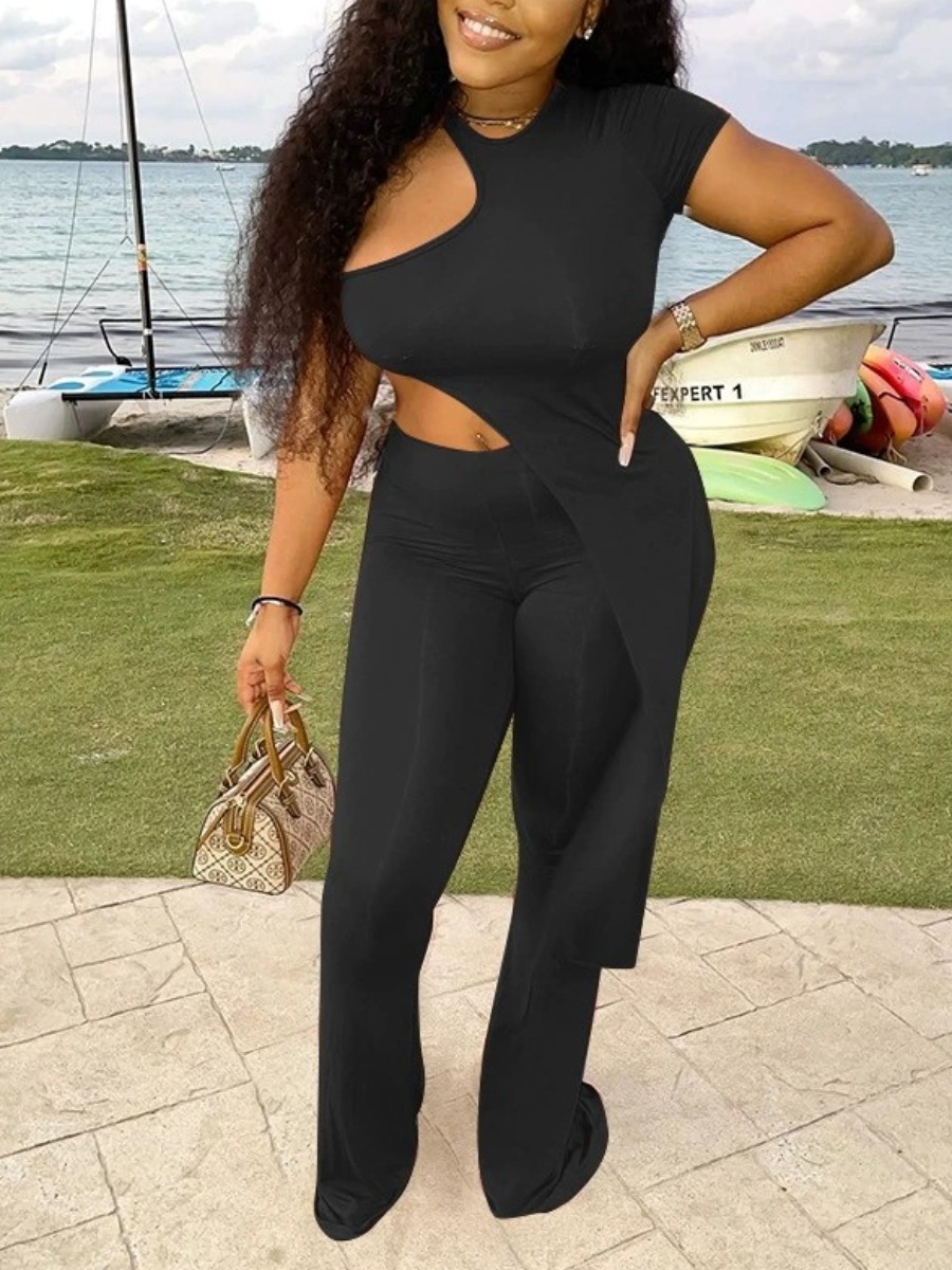 LovelyWholesale Round Neck Cut Out Asymmetrical Pants Set Spring Short Sleeve Casual Asymmetrical Round Neck Spring Summer 2024