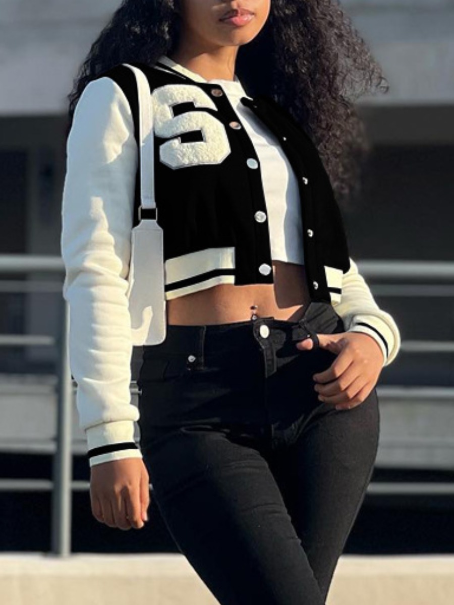 LW Crop Top Letter Decor Striped Jacket
