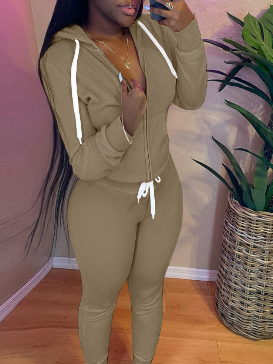 LW BASICS Kangaroo Pocket Drawstring Tracksuit Set