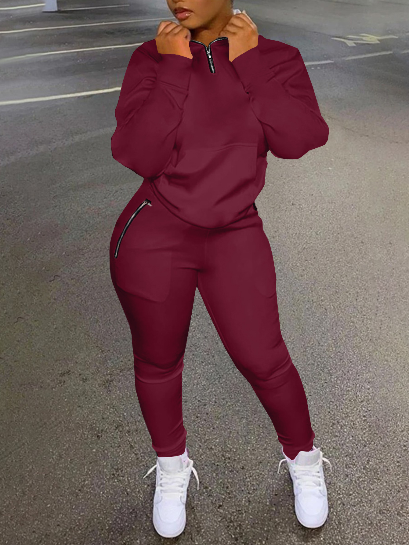 LW BASICS Kangaroo Pocket Zipper Design Tracksuit Set