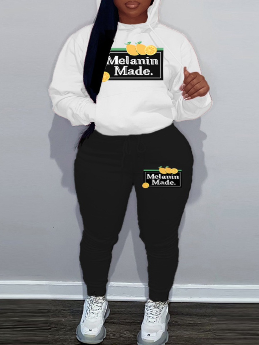 LW Plus Size Lemon Letter Print Kangaroo Pocket Tracksuit Set
