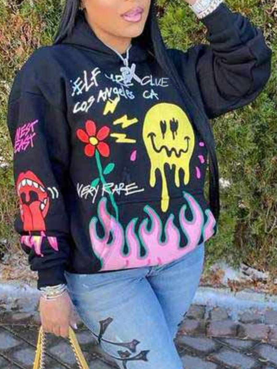 LW Cartoon Letter Print Hoodie