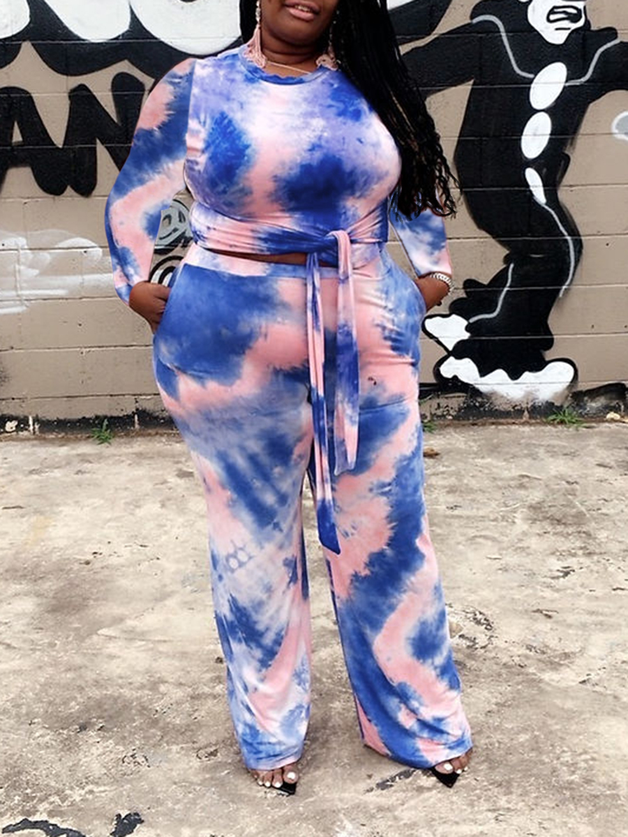 LovelyWholesale Plus Size Bandage Design Tie Dye Regular Two-piece Pants Set Fall Long Sleeve Casual Bandage Design Round Neck  Spring Summer 2024