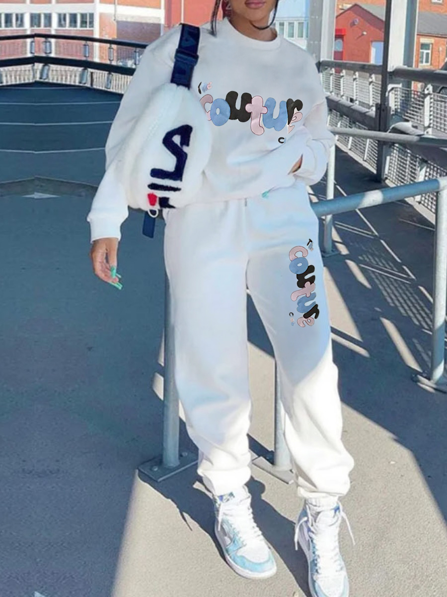 LovelyWholesale Letter Decor Patchwork Loose Pants Set Fall Long Sleeve Casual Round Neck Spring Summer 2024