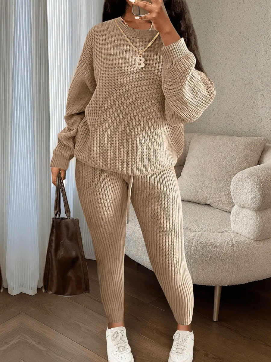 LovelyWholesale BASICS Dropped Shoulder Drawstring Pants Set Fall Long Sleeve Casual Basic Round Neck Spring Summer 2024