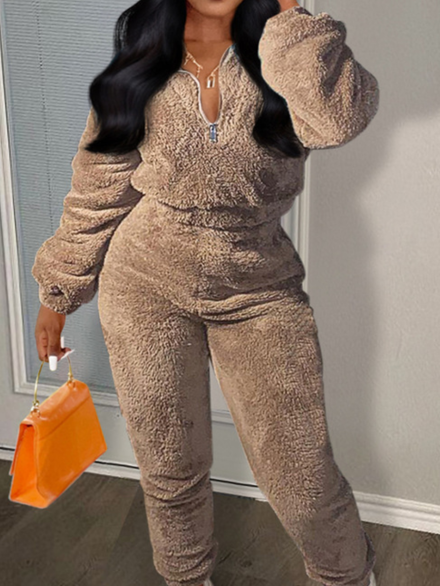 LW BASICS Zipper Design Regular Fit Teddy Pants Set