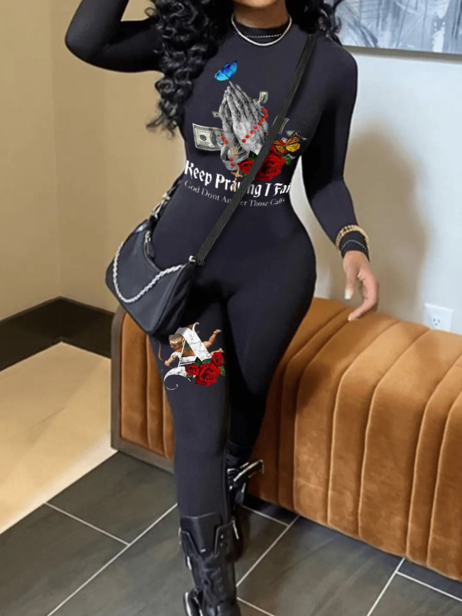 LW Plus Size Money Figure Letter Print Skinny Jumpsuit