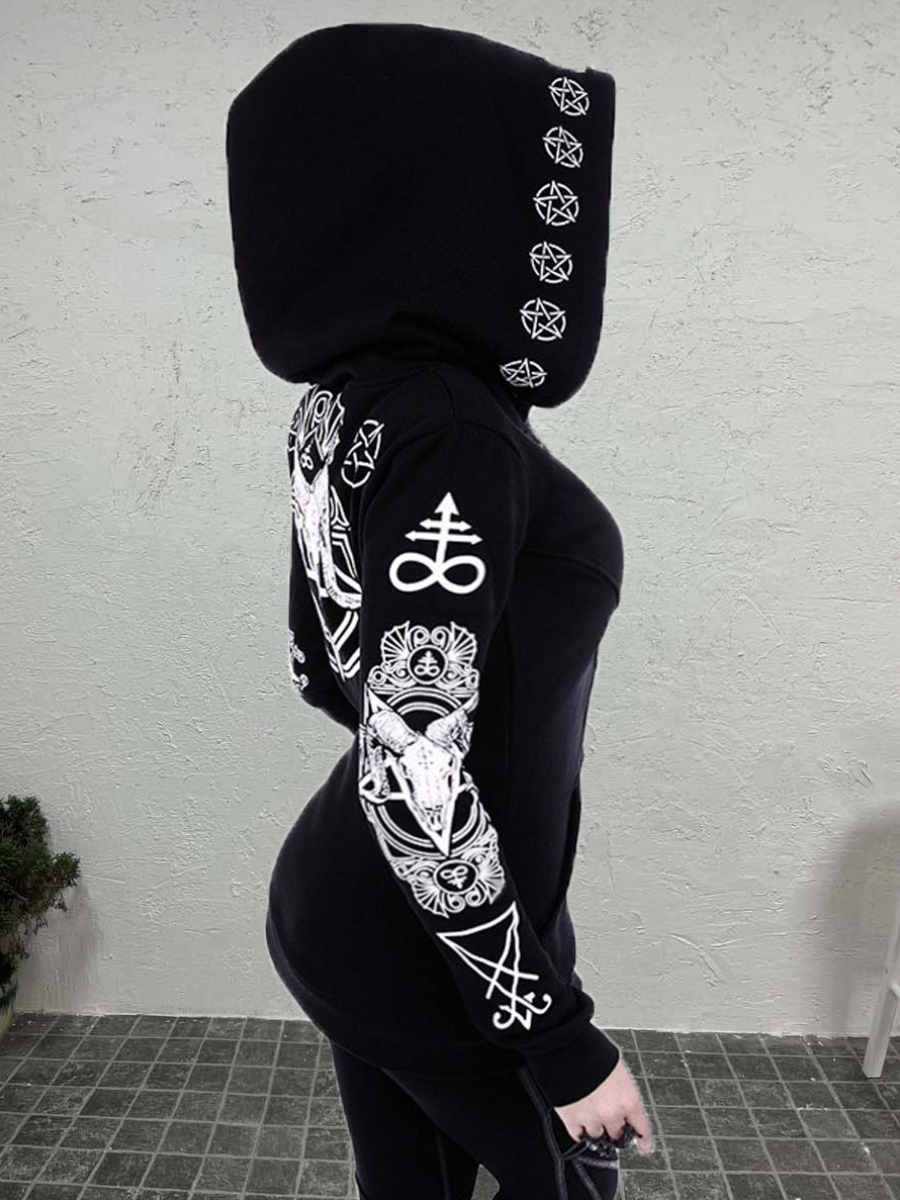 LovelyWholesale Plus Size Hooded Collar Figure Print Jacket Fall Nine Points Sleeve Casual Hooded Collar  5X Spring Summer 2024