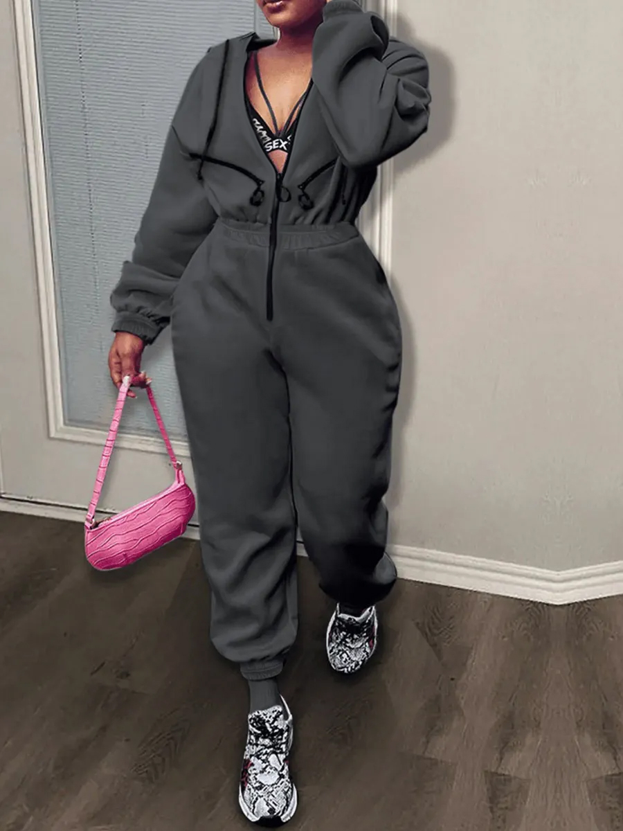 LW Hooded Collar Zipper Design Jumpsuit