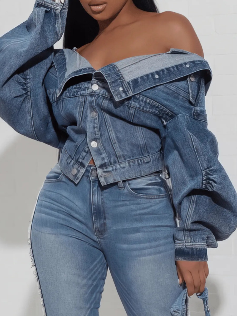 LW Off The Shoulder Pocket Design Asymmetrical Denim Jacket