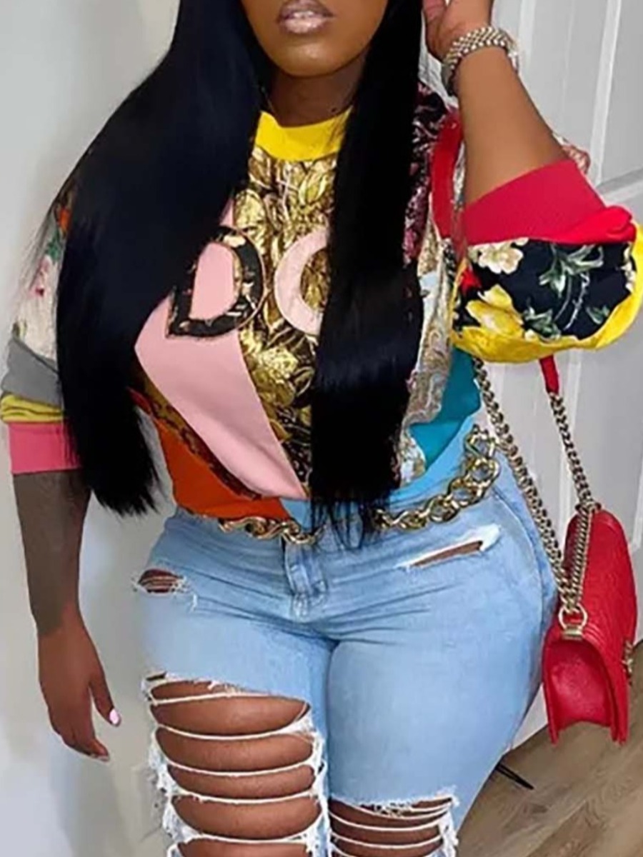LW Plus Size Floral Letter Print Patchwork Sweatshirt