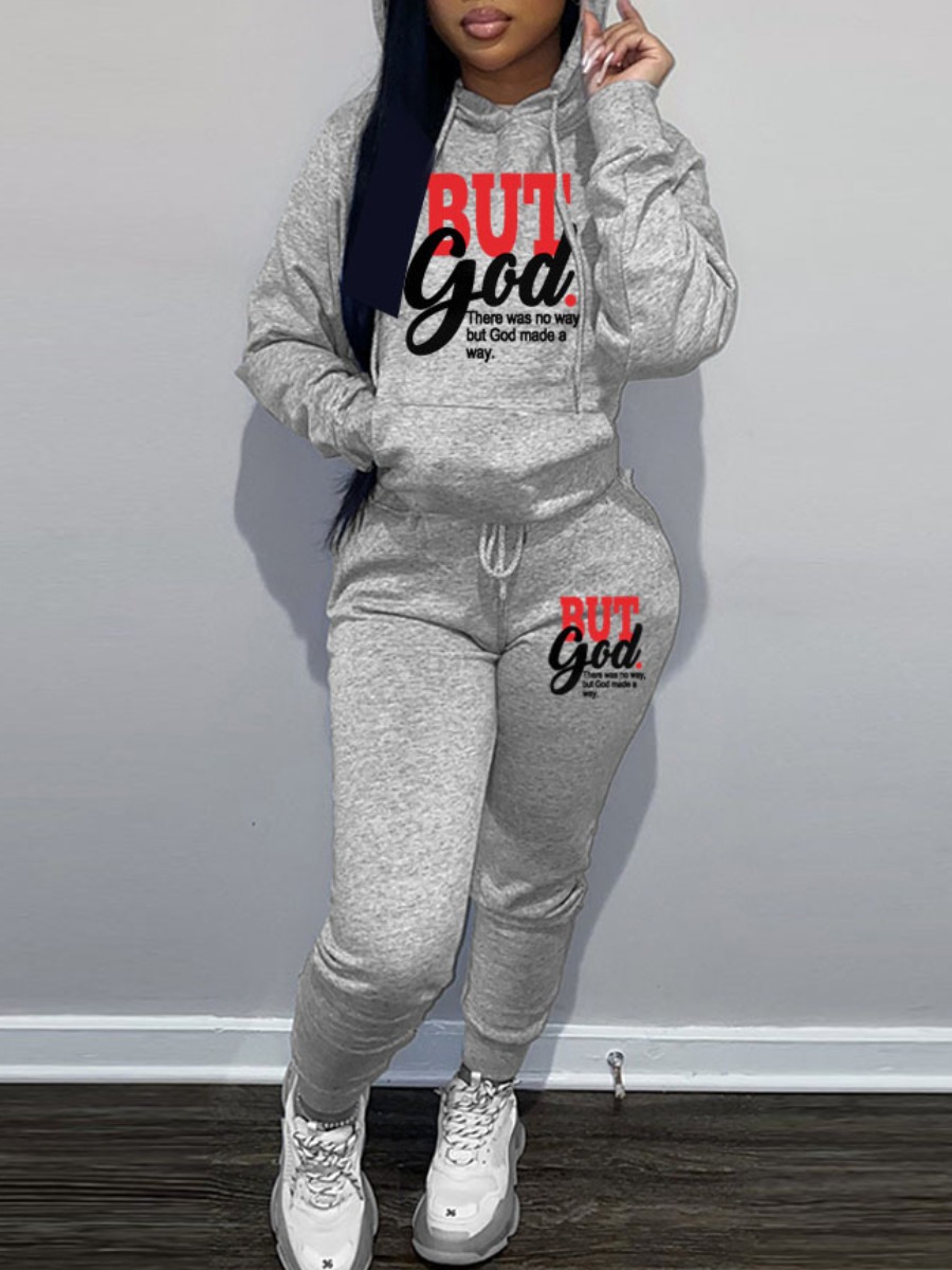 LW Plus Size Letter Print Kangaroo Pocket Tracksuit Set