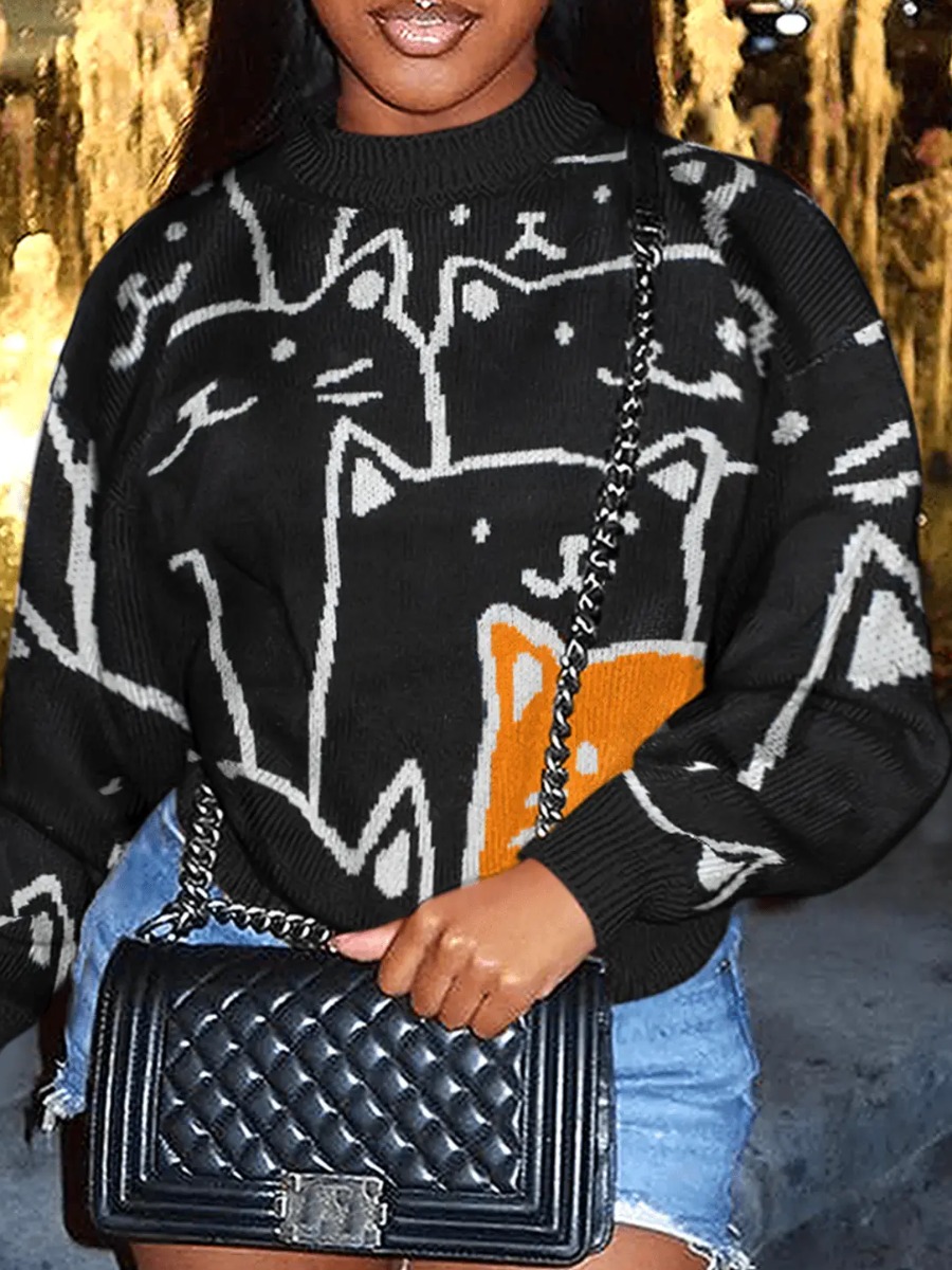 LW Round Neck Geometric Print Cardigan