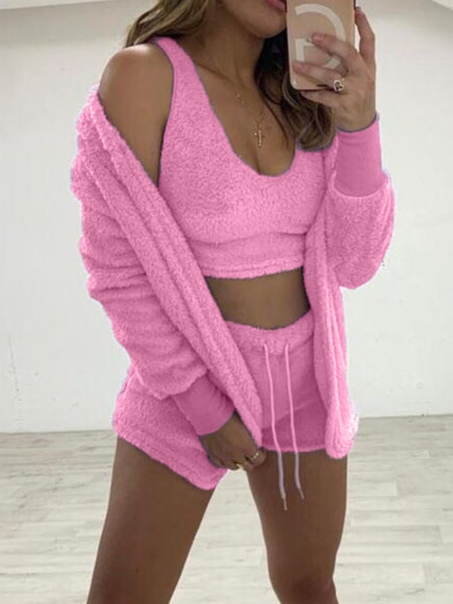 LW BASICS Drawstring Cami Teddy Shorts Set