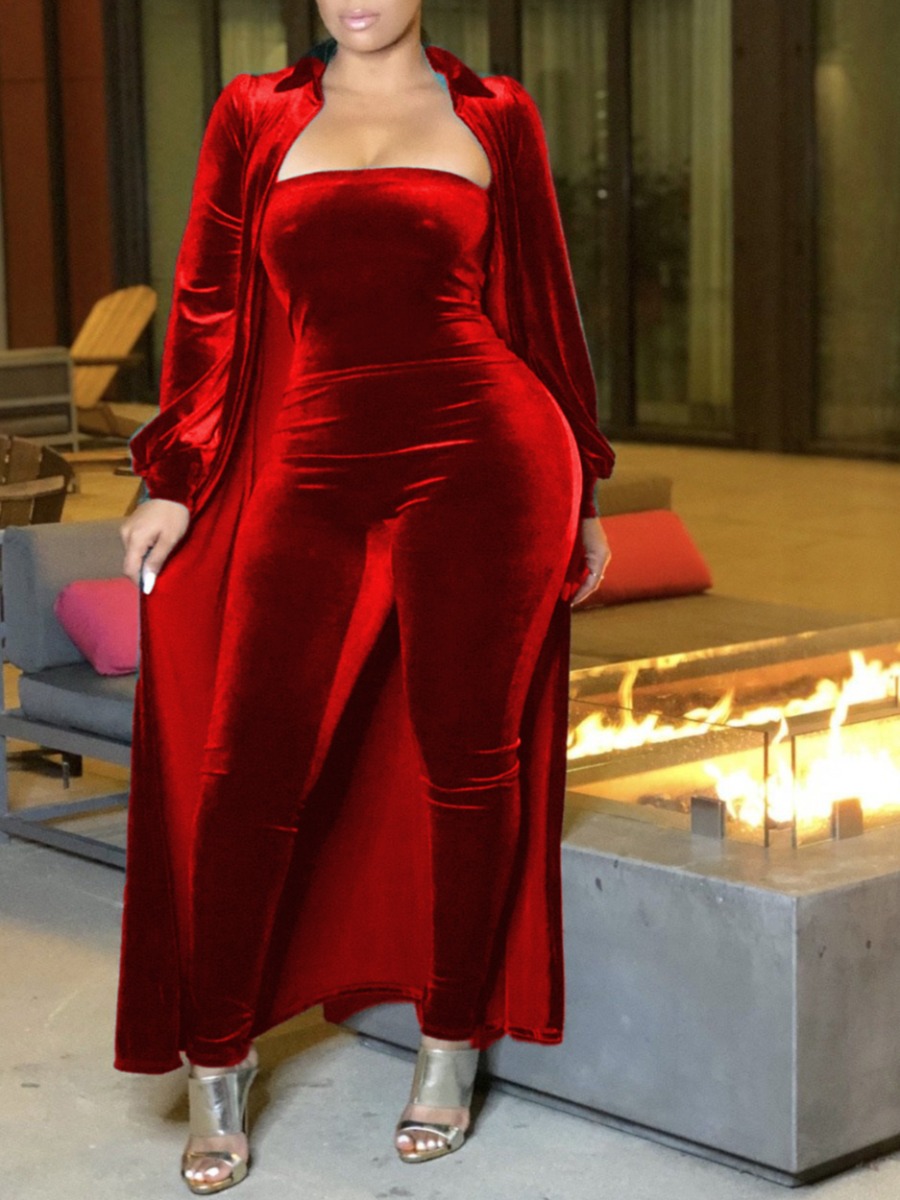 LovelyWholesale Plus Size Velvet Off The Shoulder Skinny Jumpsuit Set Fall Long Sleeve Casual Solid Color Turndown Collar  3X Spring Summer 2024