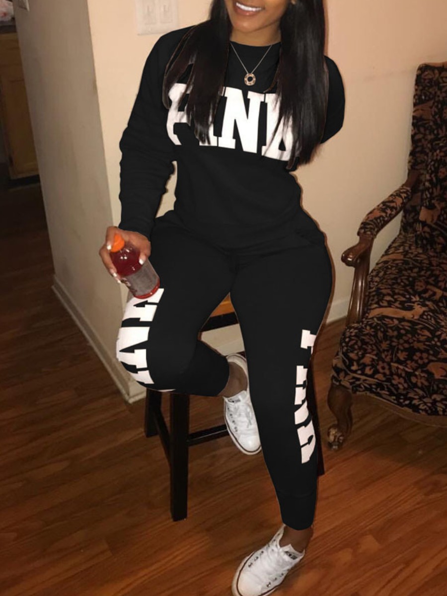 LW Plus Size Pink Letter Print Skinny Two-piece Pants Set