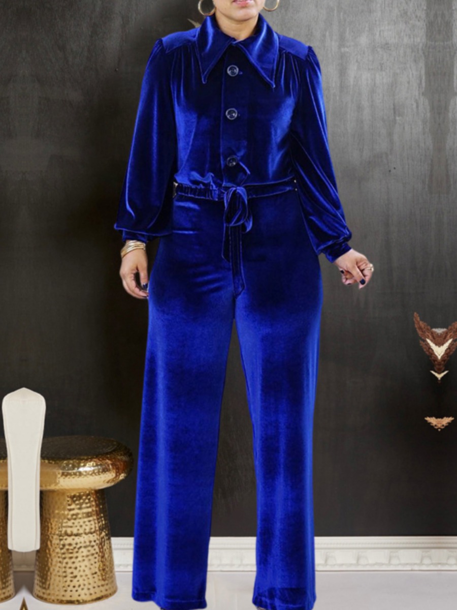 LovelyWholesale Plus Size Velvet Drawstring Wide Leg Pants Set Fall Long Sleeve Casual Bandage Design Turndown Collar  3X Spring Summer 2024