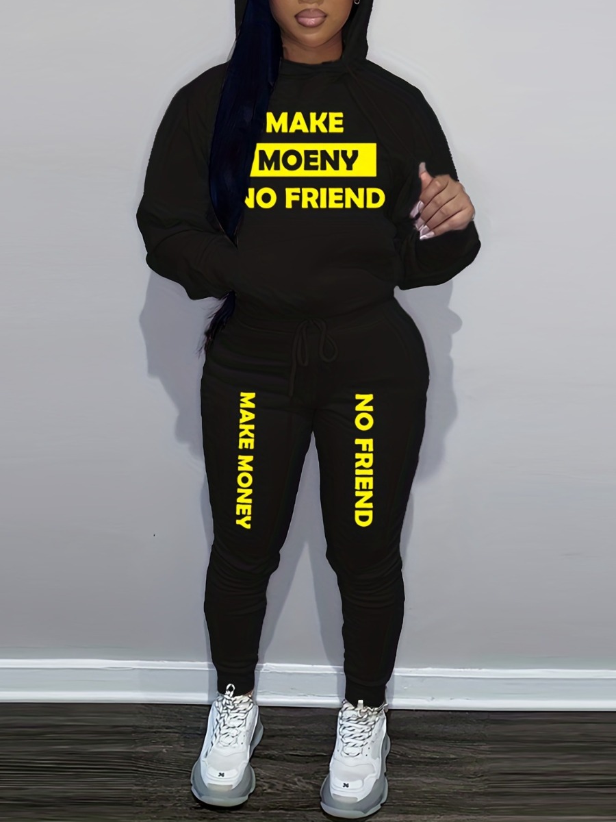 LW Plus Size Letter Print Kangaroo Pocket Tracksuit Set