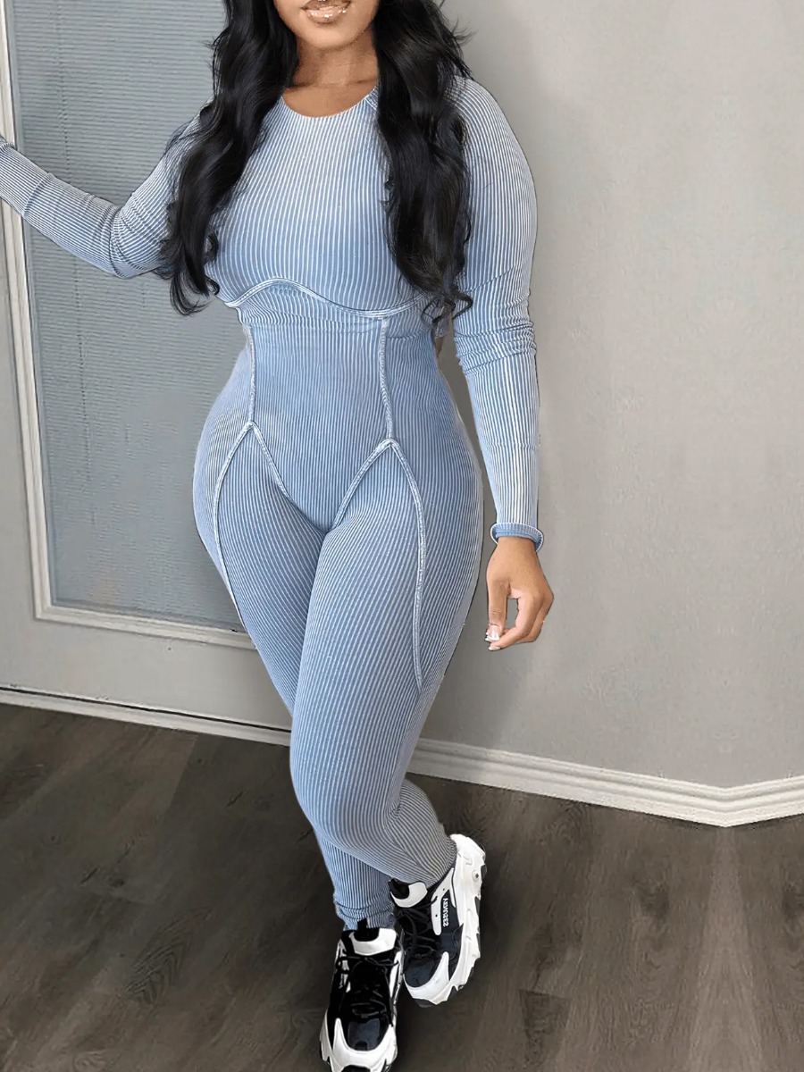 LovelyWholesale BASICS Rib Knit Line Stitching Skinny Jumpsuit Fall Long Sleeve Casual Basic Round Neck Spring Summer 2024