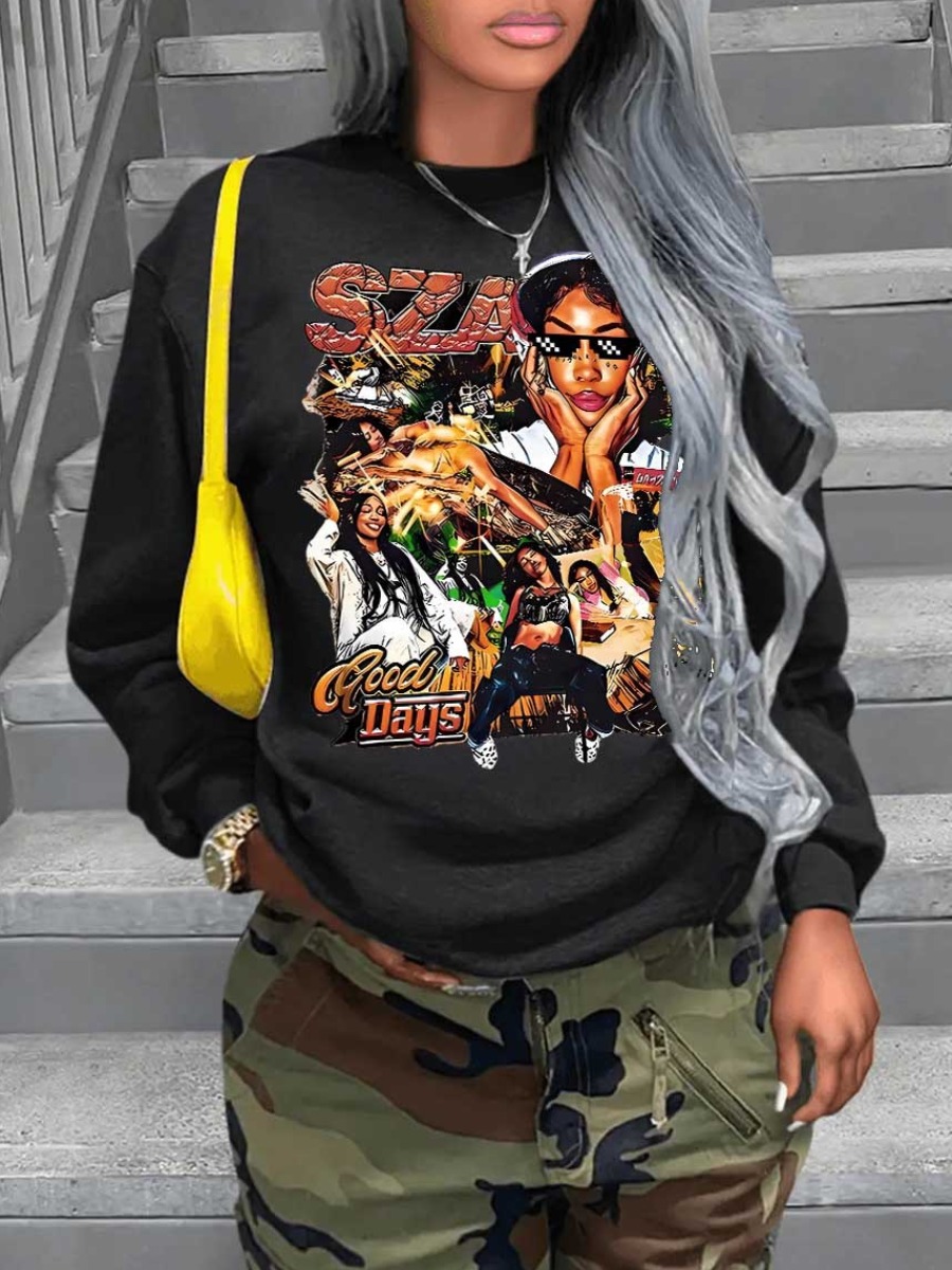 LovelyWholesale Plus Size Pattern Print Loose Sweatshirt Fall Long Sleeve Street Pattern Round Neck  5X Spring Summer 2024