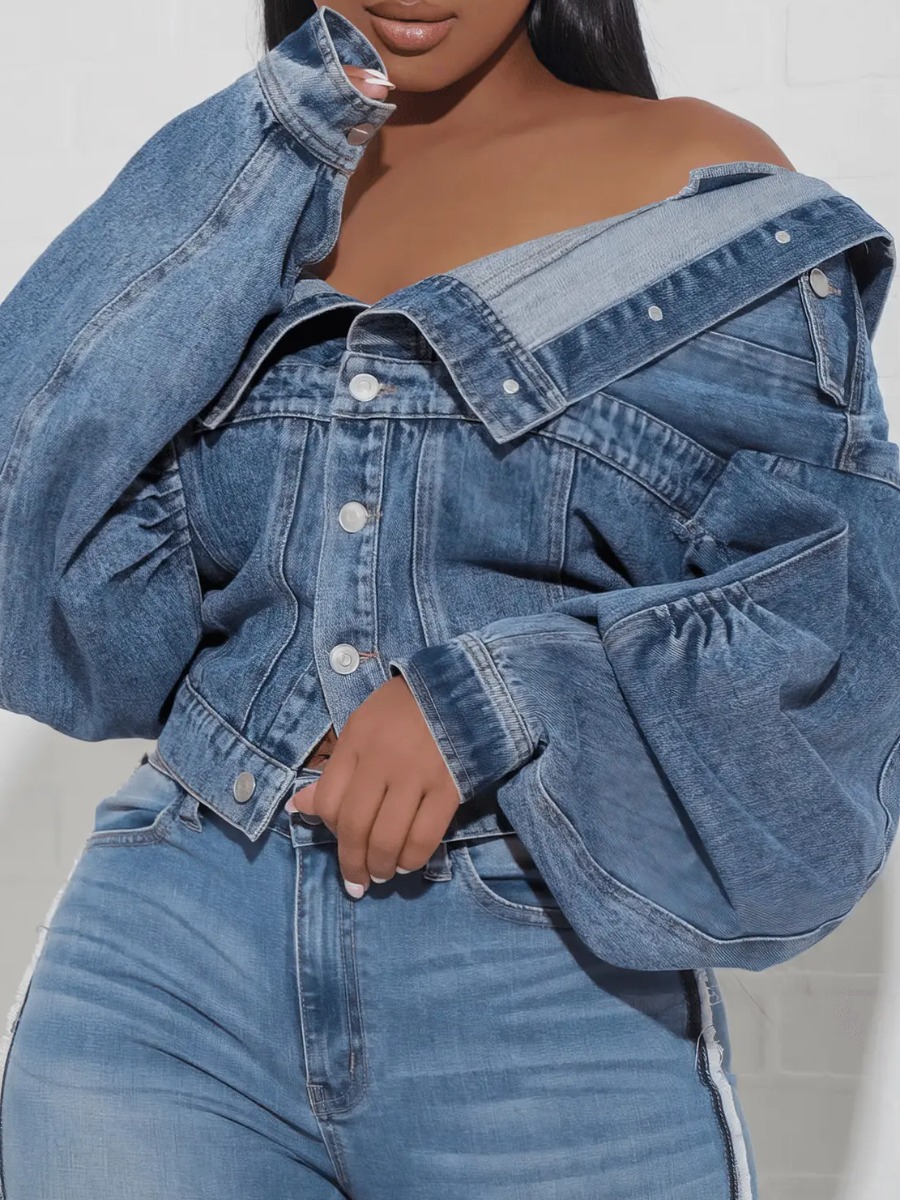 LW Off The Shoulder Pocket Design Asymmetrical Denim Jacket