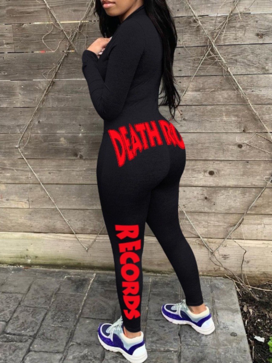 LovelyWholesale Plus Size Letter Print Skinny Jumpsuit Fall Long Sleeve Casual Pattern Round Neck  3X Spring Summer 2024