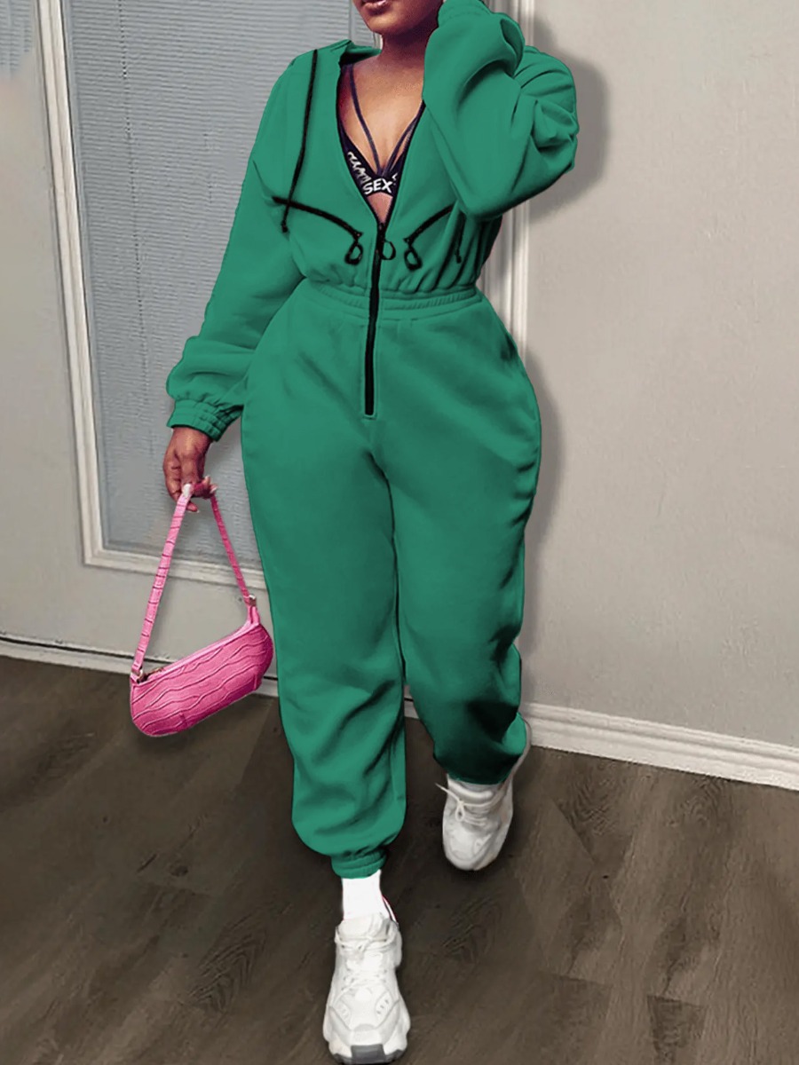 LW Hooded Collar Pocket Design Jumpsuit