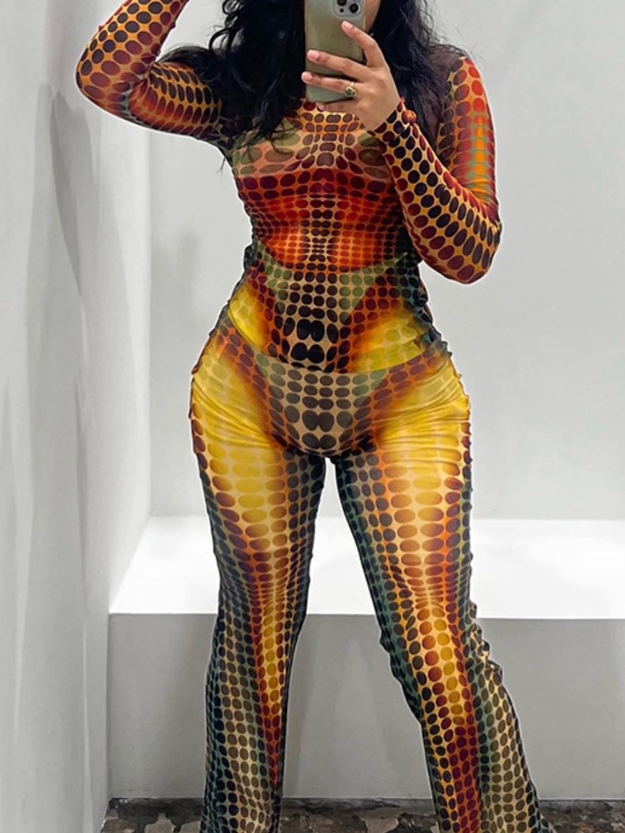 LovelyWholesale Gradient Dot Print Skinny Pants Set Fall Long Sleeve Street Pattern Round Neck Spring Summer 2024