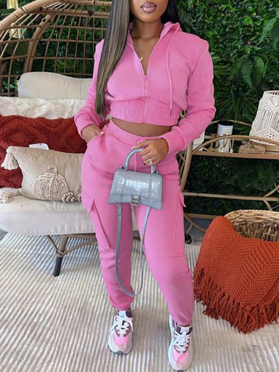 LovelyWholesale Hooded Collar Side Pocket Pants Set Fall Long Sleeve Casual Hooded Collar Spring Summer 2024