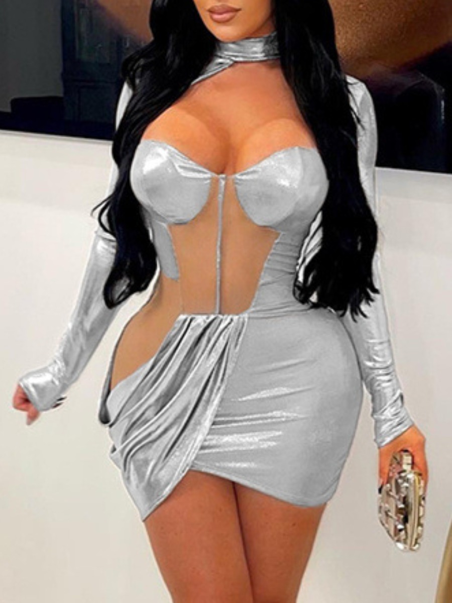 LovelyWholesale SXY Asymmetrical See Through Pierced Mini Dress Fall Long Sleeve Sxy Round Neck Spring Summer 2024