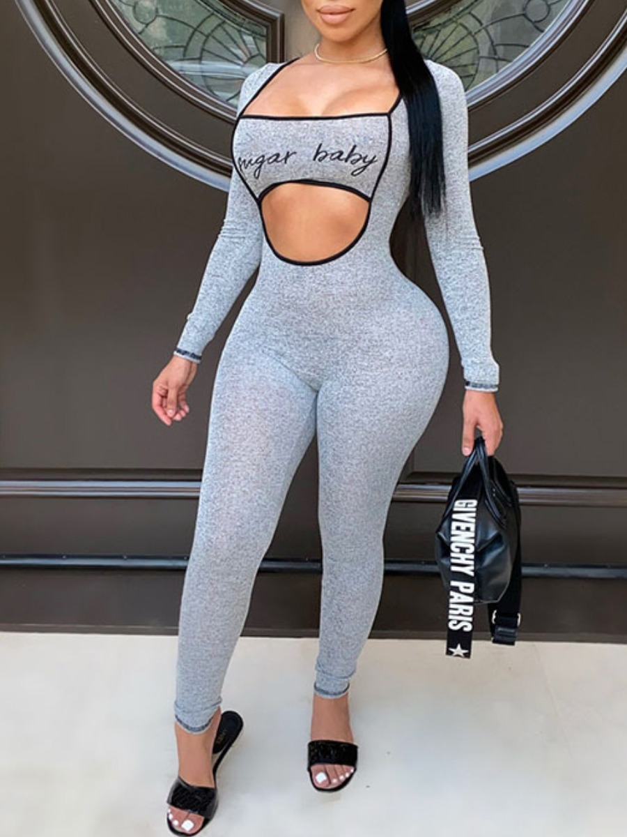 LovelyWholesale SXY Letter Print Cut Out Skinny Jumpsuit Fall Long Sleeve Sxy Pattern Square Collar Spring Summer 2024
