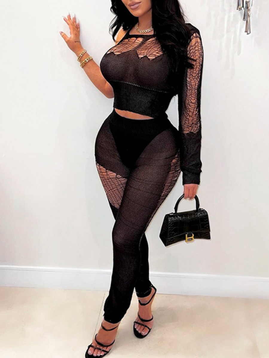 LovelyWholesale See Through Crop Top Pierced Skinny Pants Set Fall Long Sleeve Casual Round Neck Spring Summer 2024