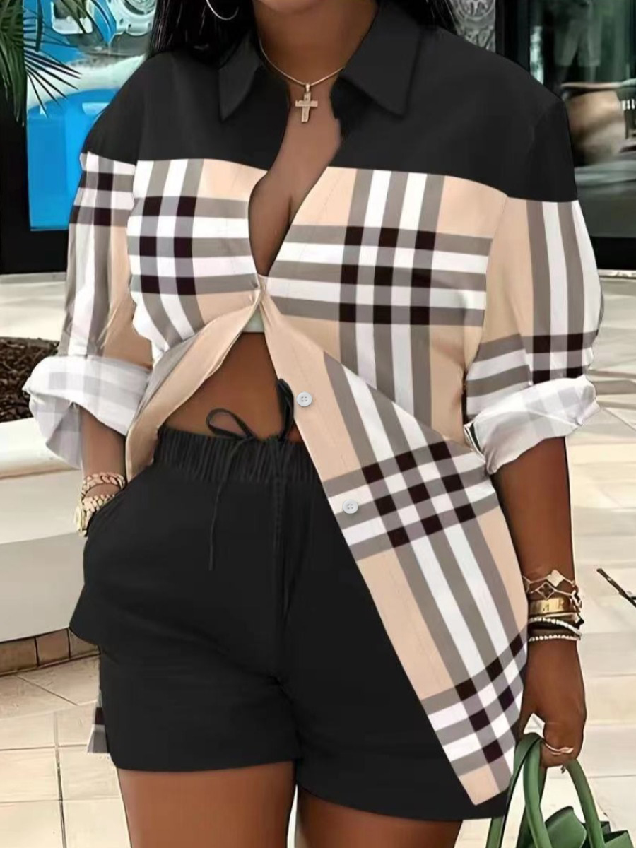 LW Plus Size Plaid Print Drawstring Shorts Set