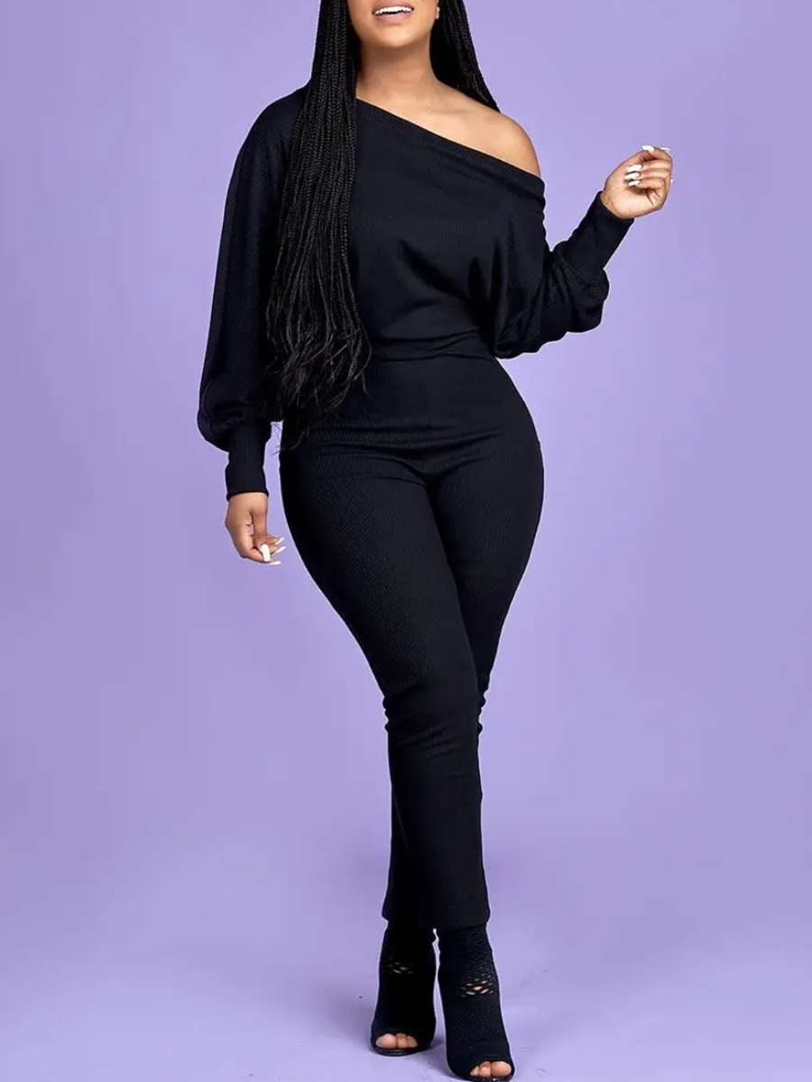 LW BASICS Plus Size Boat Neck Regular Fit Pants Set