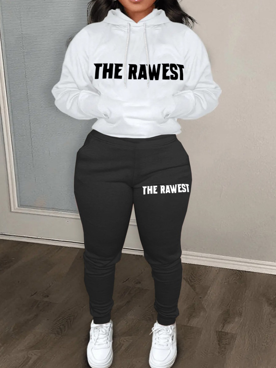 LovelyWholesale Men Letter Print Kangaroo Pocket Tracksuit Set Fall Long Sleeve Street Drawstring Hooded Collar Spring Summer 2024