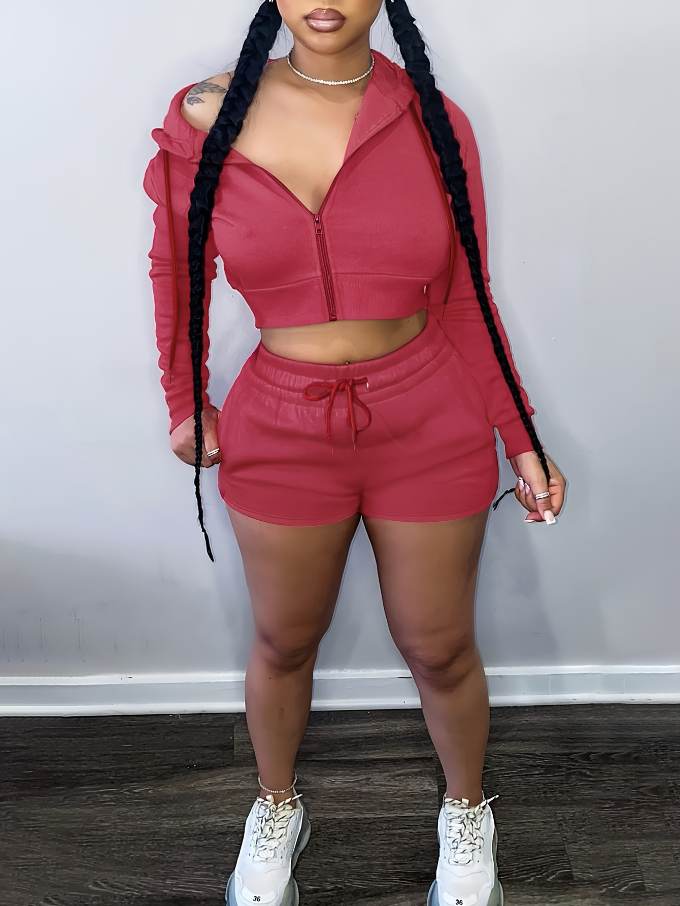 LW Hooded Collar Drawstring Shorts Set