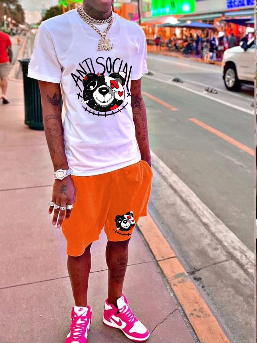 LovelyWholesale Men Cartoon Letter Print Shorts Set Summer Short Sleeve Casual Pattern Round Neck Spring Summer 2024