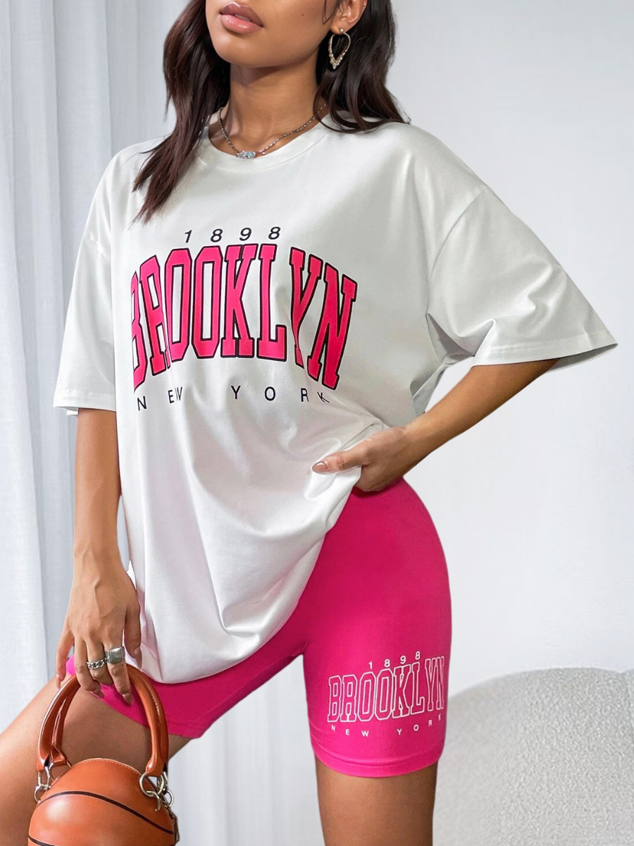 LW Dropped Shoulder Letter Print Shorts Set