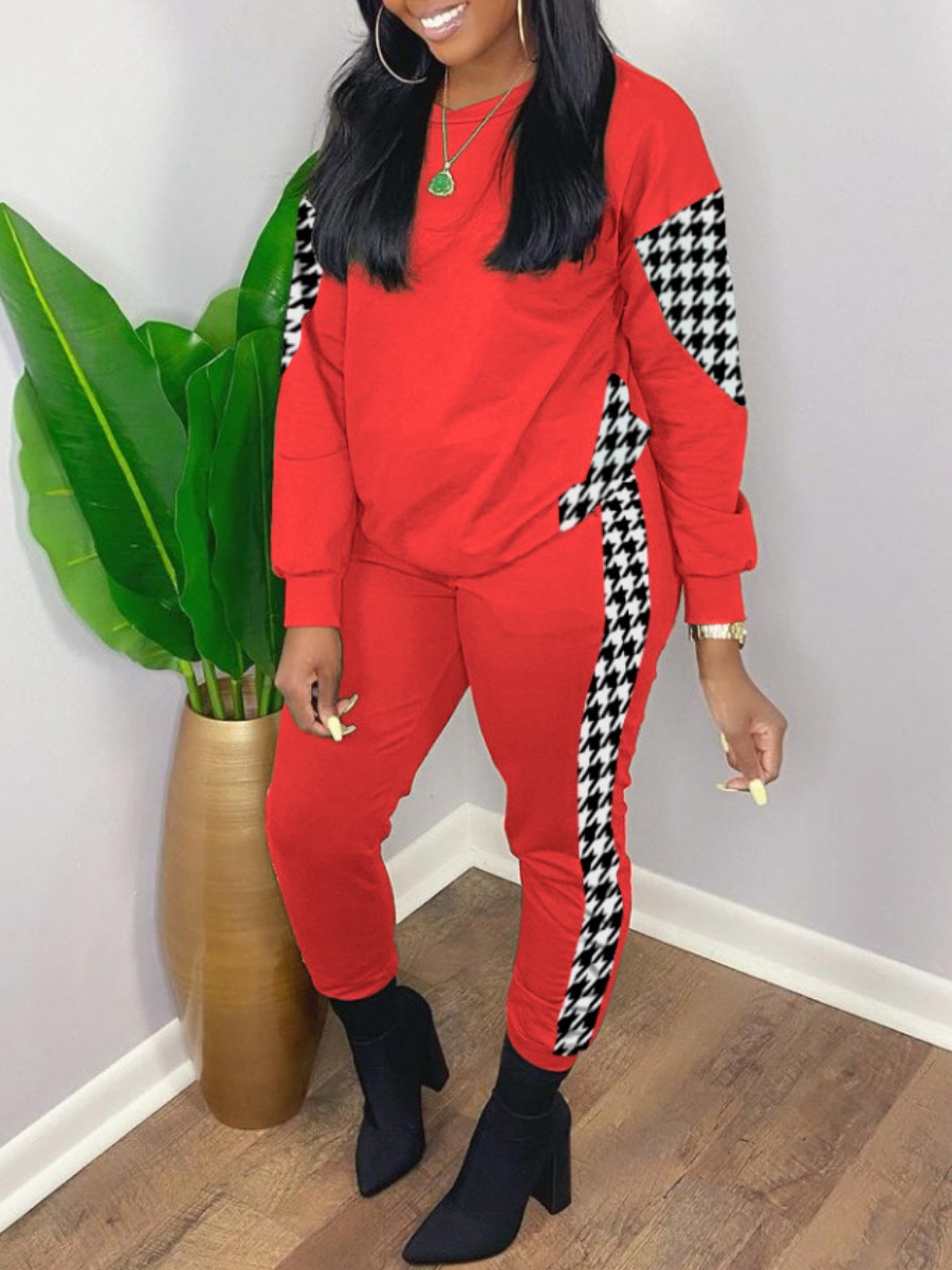 LovelyWholesale Houndstooth Regular Fit Pants Set Fall Long Sleeve Casual Patchwork Round Neck Spring Summer 2024