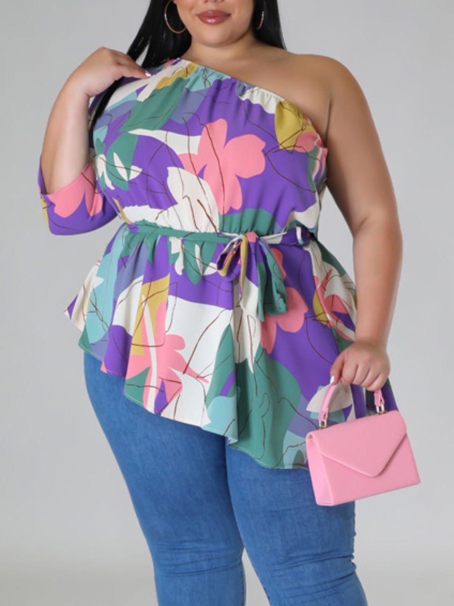 LW SXY Plus Size One Shoulder Floral Print Blouse