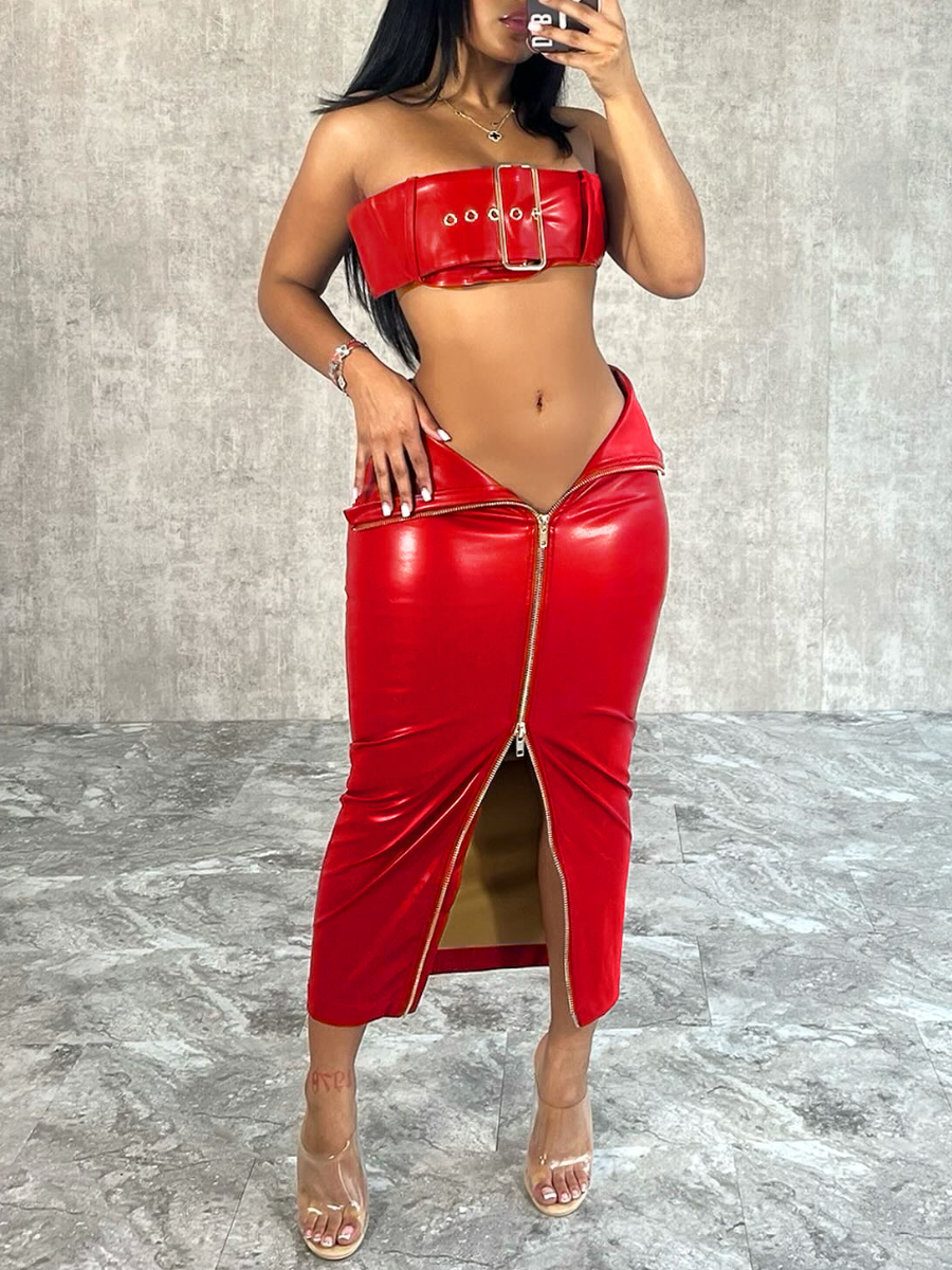 LovelyWholesale SXY Faux Leather Belt Zipper Design Skirt Set Summer Sleeveless Sxy Strapless Spring Summer 2024
