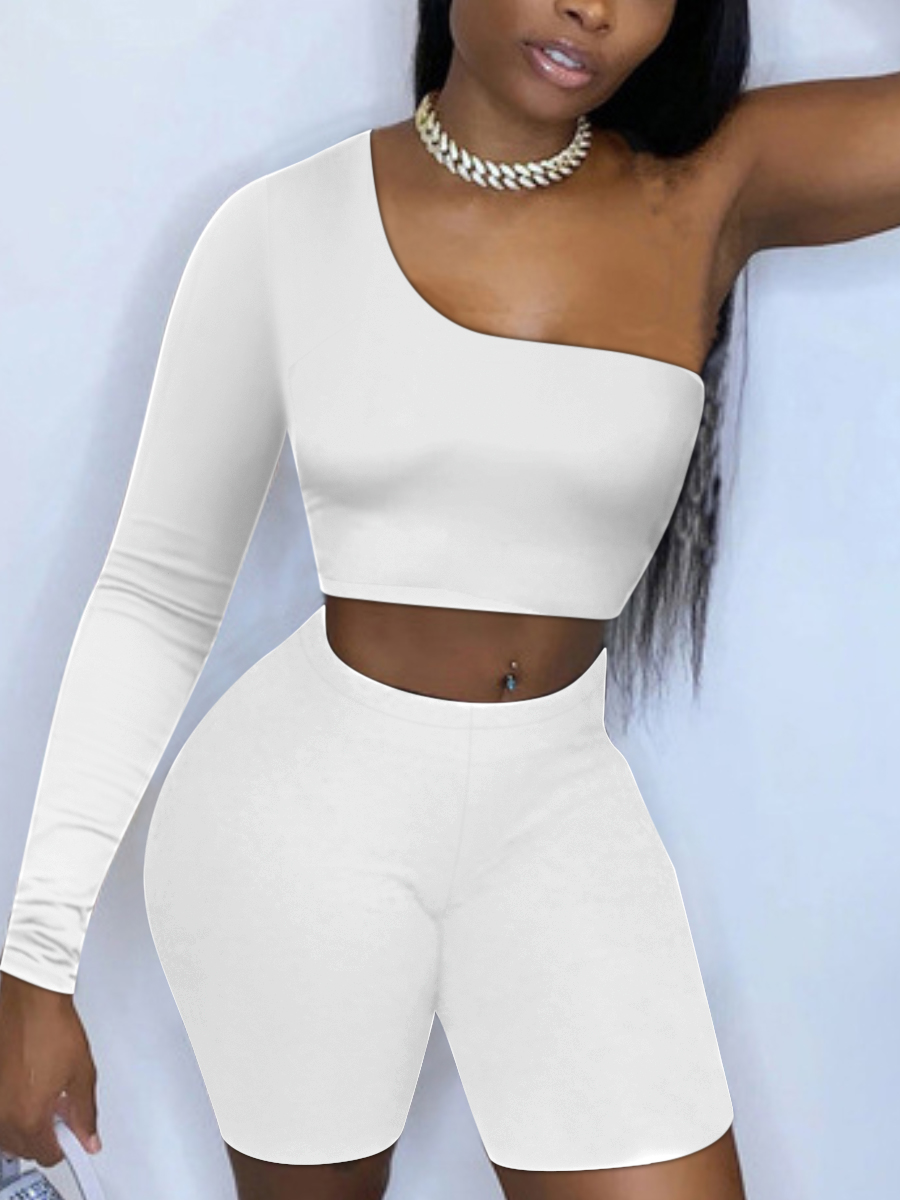 LW One Shoulder Crop Top Skinny Shorts Set