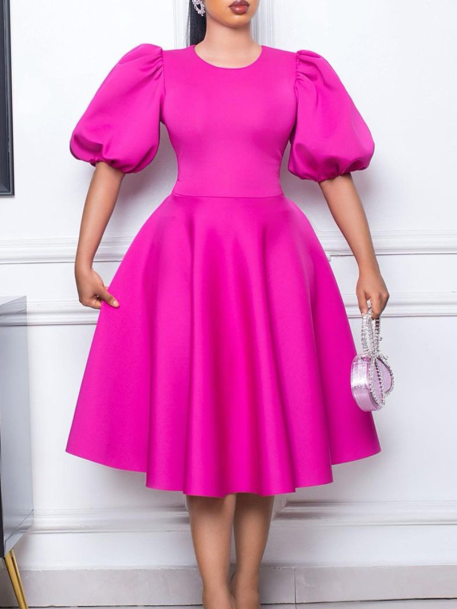 LovelyWholesale Plus Size Puff Sleeve A Line Prom Dress All Seasons Short Sleeve Elegant Solid Color Round Neck Spring Summer 2024
