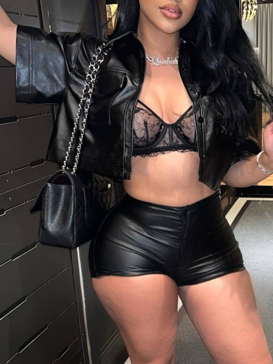 LovelyWholesale Faux Leather Button Design Crop Top Shorts Set Summer Short Sleeve Street Other Turndown Collar Spring Summer 2024