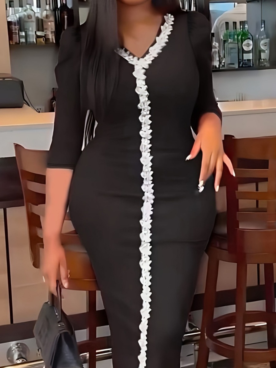 LW Plus Size V Neck Flounce Design Bodycon Dress 3X